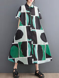 Momentlover Printed Color-Block Short Sleeves Oversize Lapel Shirt Dress Midi Dresses