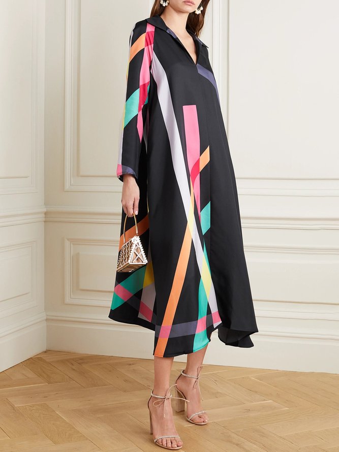 momentlover Stylish Irregularity Long Sleeves Contrast Color Striped V-Neck Midi Dresses