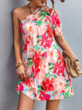 Momentlover Split-Joint Flower Print Short Sleeves Bishop Sleeve One-Shoulder Mini Dresses