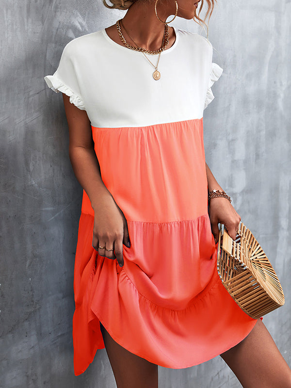 Momentlover Split-Joint Pleated Falbala Contrast Color Ruffle Sleeves Loose Round-Neck Mini Dresses