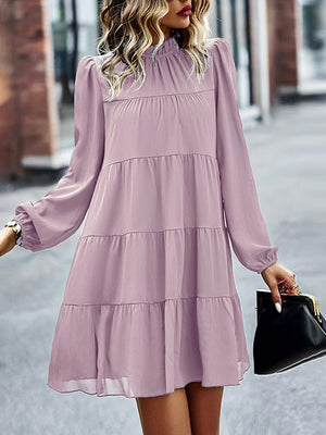 Momentlover Tied Split-Joint Solid Color Pleated Elasticity Long Sleeves High Waisted Mock Neck Mini Dresses