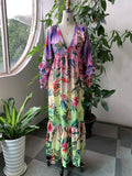 Momentlover Split-Joint Ruffled Pleated Flower Print Plus Size Loose Deep V-Neck Maxi Dresses