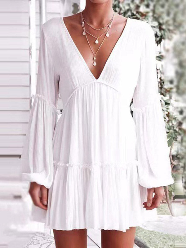 Momentlover Split-Joint Solid Color Pleated Elasticity Backless Puff Sleeves Loose Deep V-Neck Mini Dresses