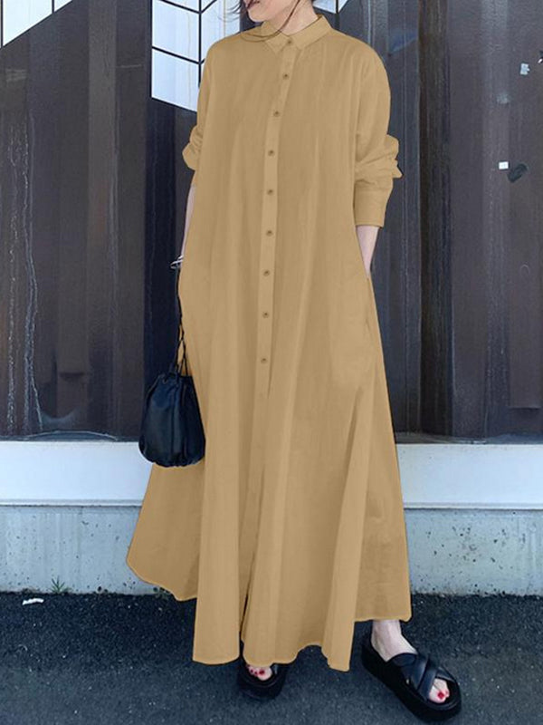 Momentlover Solid Color Loose Long Sleeves Lapel Shirt Dress Maxi Dresses