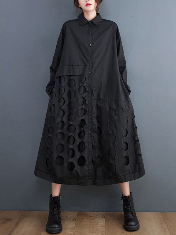 Momentlover Solid Color Polka-Dot Hollow Asymmetric Loose Long Sleeves Lapel Midi Dresses