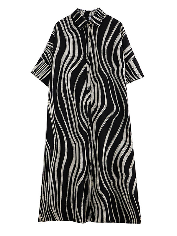 Momentlover Raglan Sleeve Oversize Zebra-Stripe Split-Joint Lapel Midi Dresses Shirt Dress