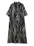 Momentlover Raglan Sleeve Oversize Zebra-Stripe Split-Joint Lapel Midi Dresses Shirt Dress