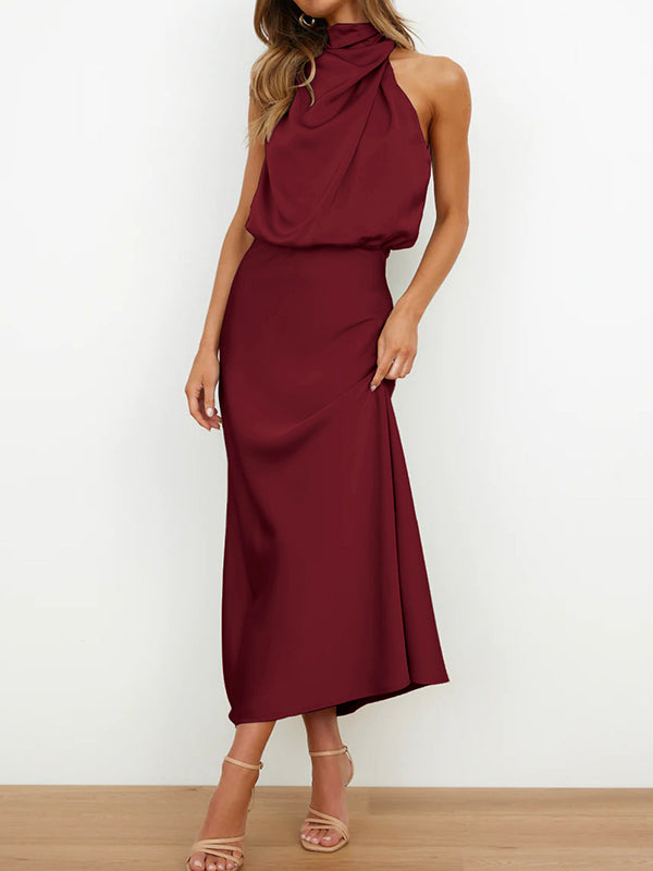 Momentlover Solid Color Sleeveless Halter-Neck Midi Dresses