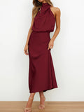 Momentlover Solid Color Sleeveless Halter-Neck Midi Dresses