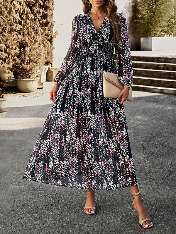Momentlover Split-Joint Ruffled Flower Print Loose Long Sleeves Deep V-Neck Maxi Dresses