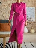 Momentlover Split-Front Solid Color Pleated Long Sleeves High Waisted Mock Neck Maxi Dresses