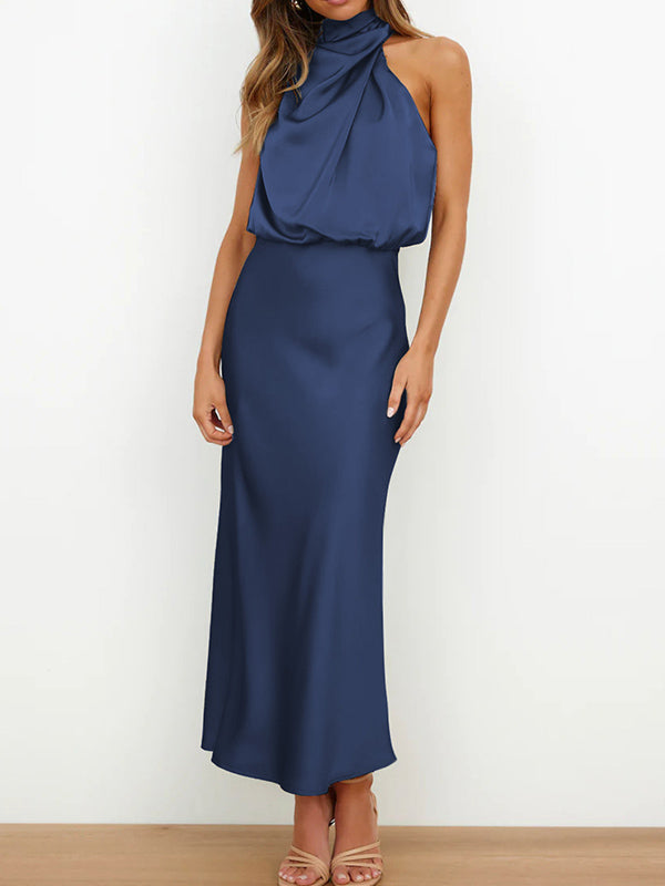 Momentlover Solid Color Sleeveless Halter-Neck Midi Dresses