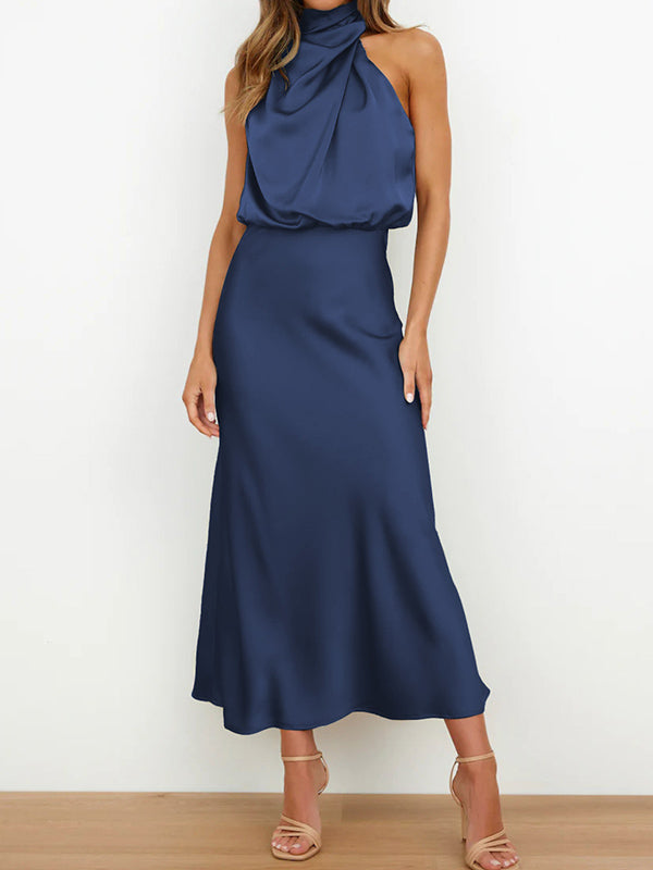 Momentlover Solid Color Sleeveless Halter-Neck Midi Dresses