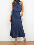 Momentlover Solid Color Sleeveless Halter-Neck Midi Dresses