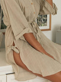 Momentlover Tied Waist Split-Side Solid Color Buttoned Loose Long Sleeves V-Neck Mini Dresses