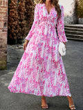 Momentlover Split-Joint Ruffled Flower Print Loose Long Sleeves Deep V-Neck Maxi Dresses