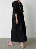 Momentlover Solid Color Pleated Loose Half Sleeves Round-Neck Midi Dresses