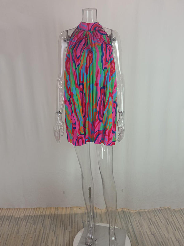 Momentlover Loose Plus Size Pleated Printed Halter-Neck Mini Dresses Short Dresses