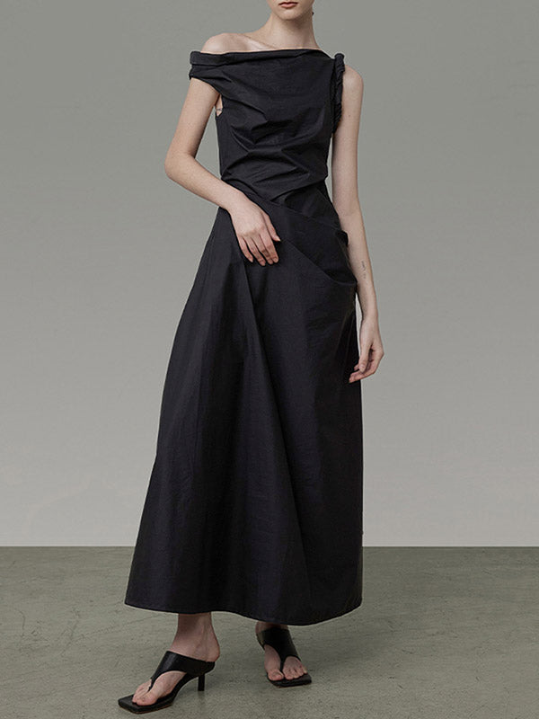 Momentlover Solid Color Asymmetric Sleeveless Loose One-Shoulder Midi Dresses