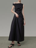 Momentlover Solid Color Asymmetric Sleeveless Loose One-Shoulder Midi Dresses