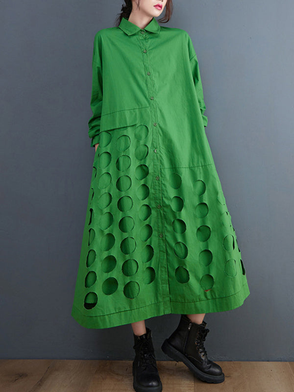 Momentlover Solid Color Polka-Dot Hollow Asymmetric Loose Long Sleeves Lapel Midi Dresses