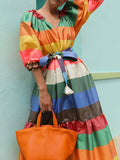 Momentlover Puff Sleeves Belted Multi-Colored Split-Joint Striped V-Neck Maxi Dresses