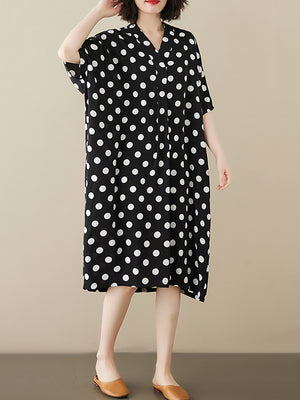 Momentlover Polka-Dot Short Sleeves Loose V-Neck Midi Dresses