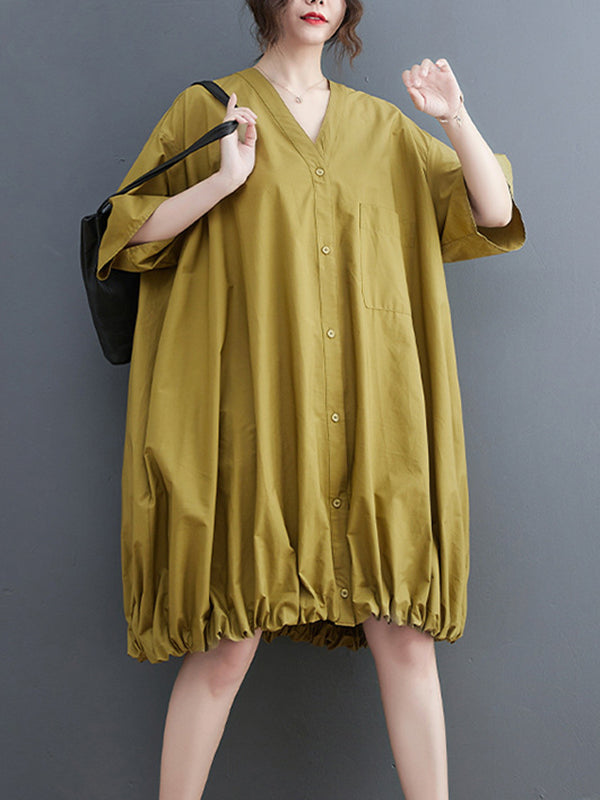 Momentlover Solid Color Short Sleeves Loose V-neck Midi Dresses