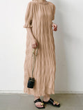 Momentlover Solid Color Pleated Loose Half Sleeves Round-Neck Midi Dresses