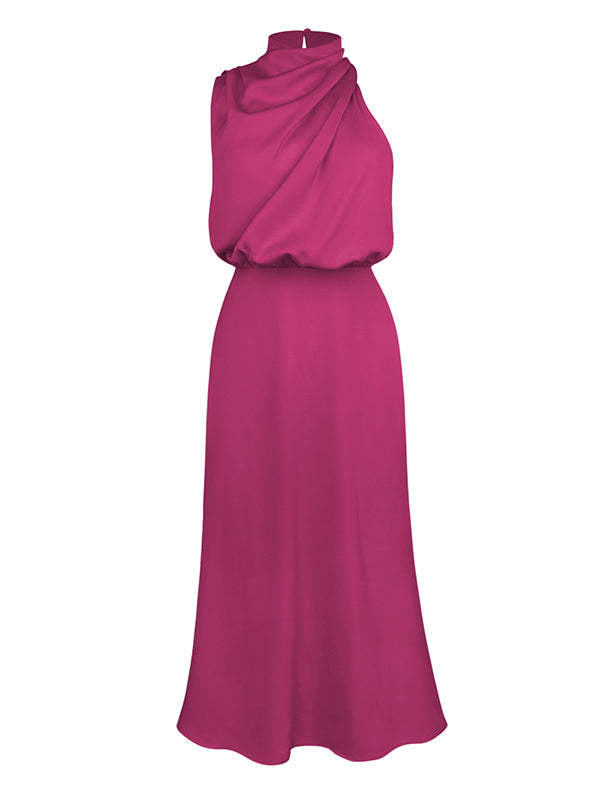 Momentlover Solid Color Sleeveless Halter-Neck Midi Dresses