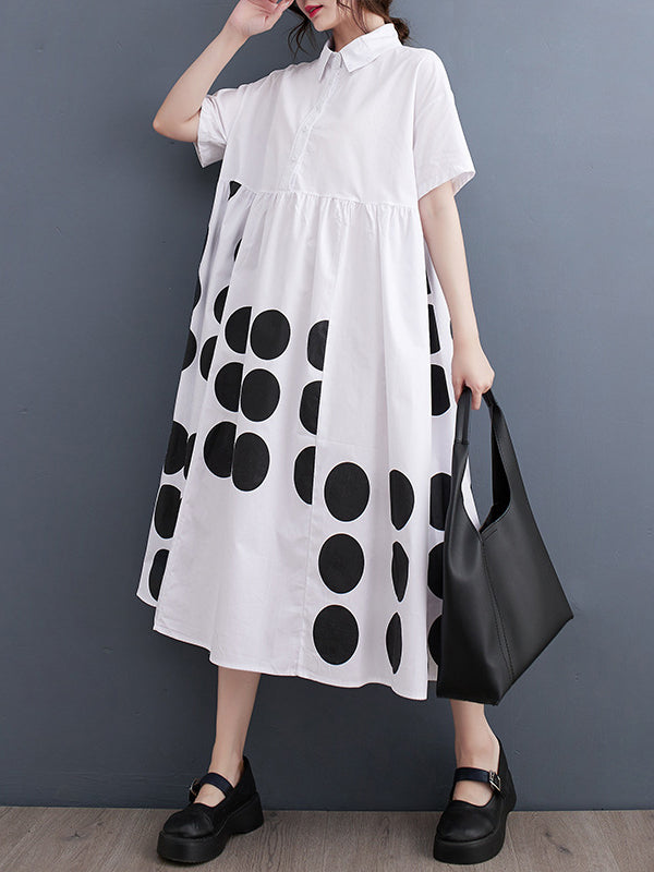 Momentlover Printed Polka Dot Pockets Buttoned Short Sleeves Loose Lapel Midi Dresses