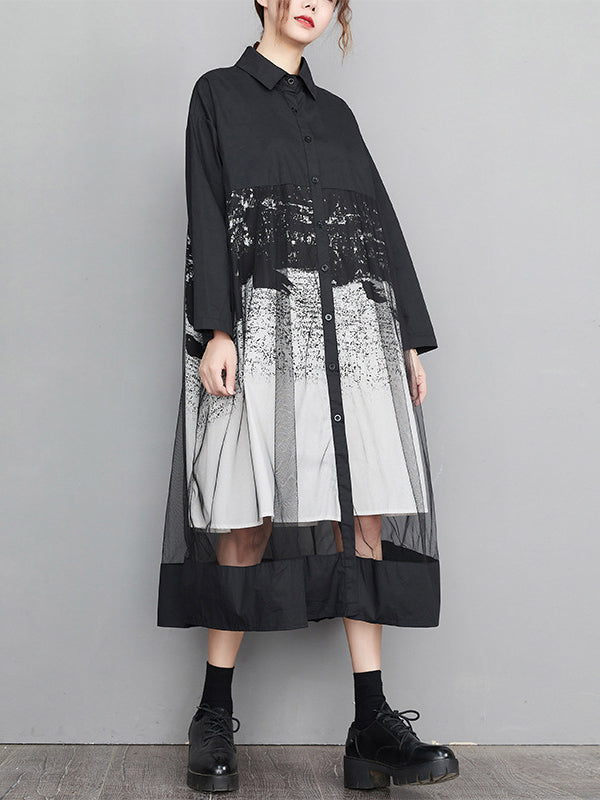 Momentlover Split-Joint Printed Gauze Buttoned Loose Long Sleeves Lapel Midi Dresses