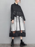 Momentlover Split-Joint Printed Gauze Buttoned Loose Long Sleeves Lapel Midi Dresses