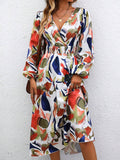 Momentlover Split-Joint Printed Elasticity Puff Sleeves Loose Deep V-Neck Midi Dresses
