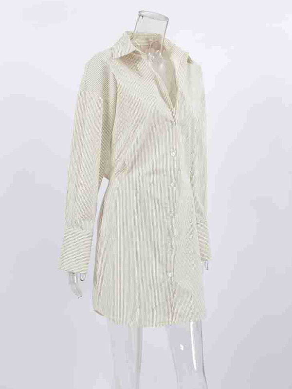 Momentlover Striped Buttoned Loose Long Sleeves Lapel Shirt Dress Mini Dresses