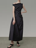 Momentlover Solid Color Asymmetric Sleeveless Loose One-Shoulder Midi Dresses
