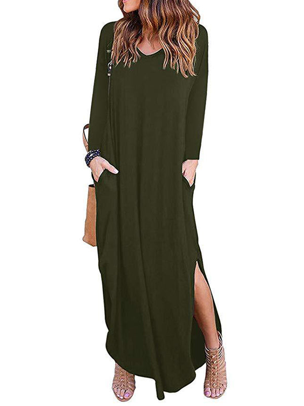Momentlover Split-Side Solid Color Loose Long Sleeves V-Neck Maxi Dresses