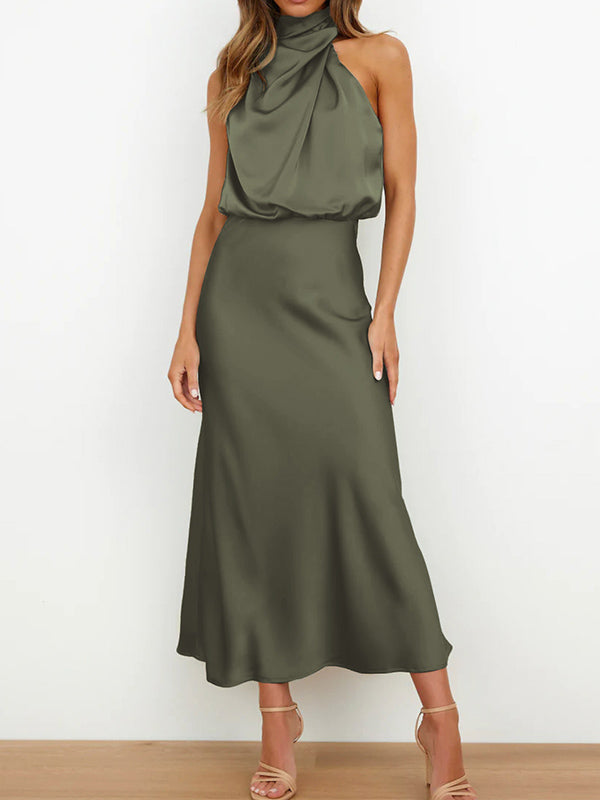 Momentlover Solid Color Sleeveless Halter-Neck Midi Dresses