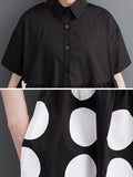 Momentlover Printed Polka Dot Pockets Buttoned Short Sleeves Loose Lapel Midi Dresses
