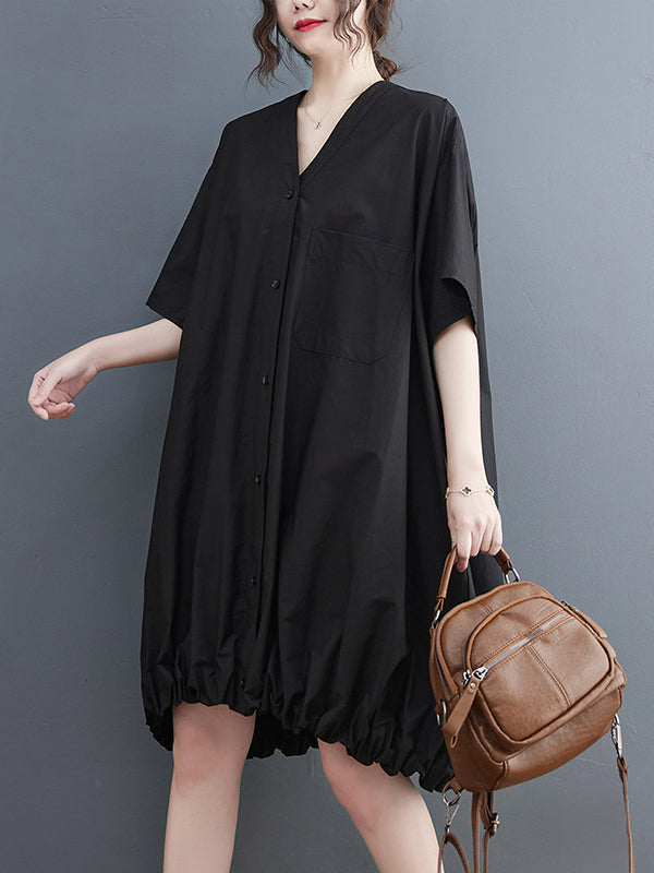 Momentlover Solid Color Short Sleeves Loose V-neck Midi Dresses