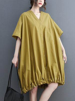 Momentlover Solid Color Short Sleeves Loose V-neck Midi Dresses