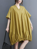 Momentlover Solid Color Short Sleeves Loose V-neck Midi Dresses