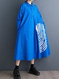 Momentlover Split-Joint Printed Pleated Buttoned Asymmetric Loose Long Sleeves Lapel Shirt Dress Midi Dresses