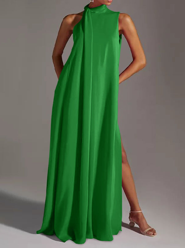 Momentlover Sleeveless Solid Color Split-Side Round-Neck Maxi Dresses