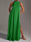 Momentlover Sleeveless Solid Color Split-Side Round-Neck Maxi Dresses