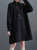 Momentlover Zipper Split-Joint Asymmetric Loose Long Sleeves Mock Neck Sweatershirt Mini Dresses