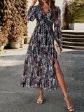 Momentlover Split-Joint Ruffled Flower Print Loose Long Sleeves Deep V-Neck Maxi Dresses