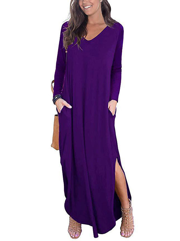 Momentlover Split-Side Solid Color Loose Long Sleeves V-Neck Maxi Dresses