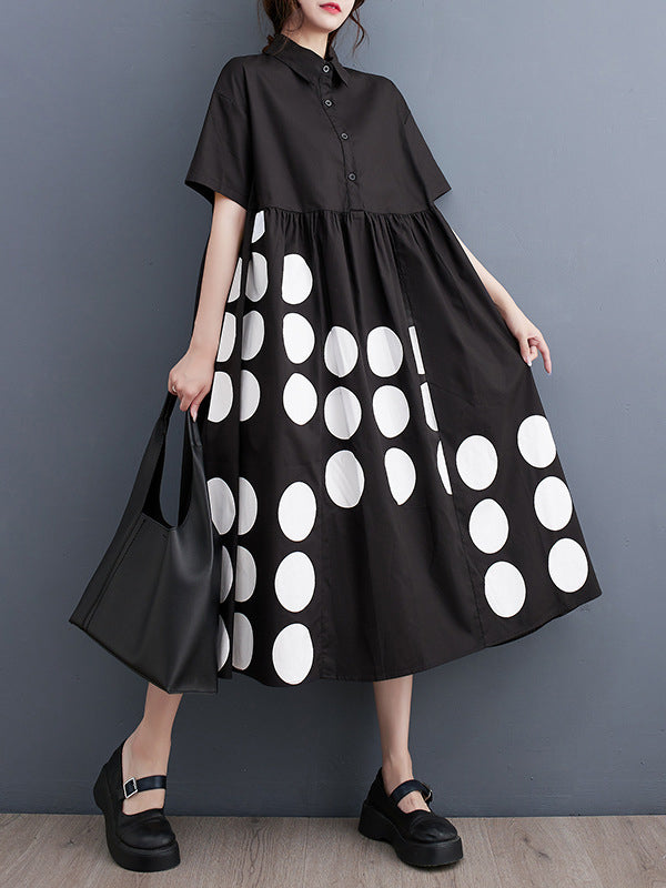 Momentlover Printed Polka Dot Pockets Buttoned Short Sleeves Loose Lapel Midi Dresses