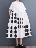 Momentlover Printed Polka Dot Pockets Buttoned Short Sleeves Loose Lapel Midi Dresses